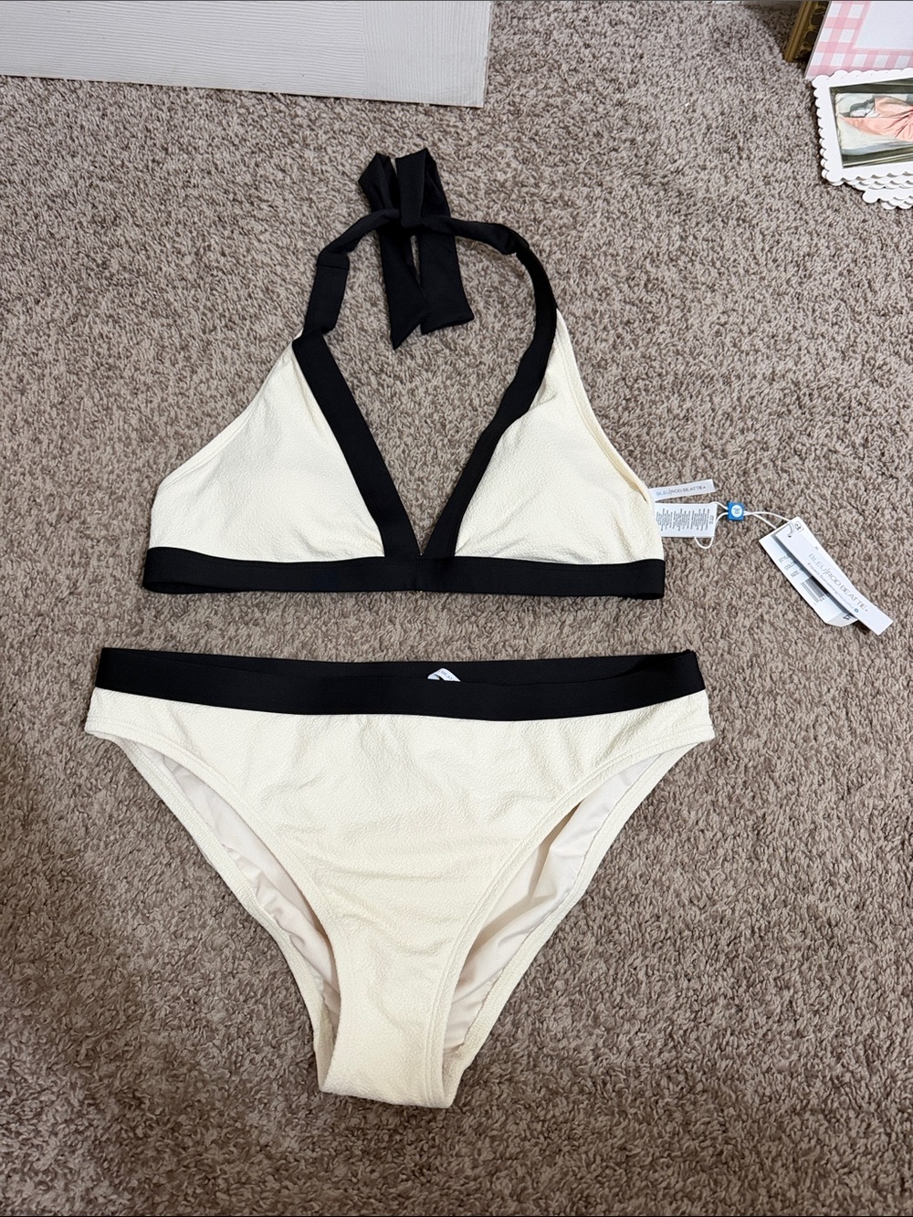 NWT Bleu by Rod Beattie Black and Cream Two Piece Halter Bikini Set Size 12